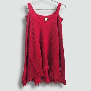 FARM Rio Red Cold Shoulder Waffle Knit Tunic Boho Sweater Top Frayed Hem